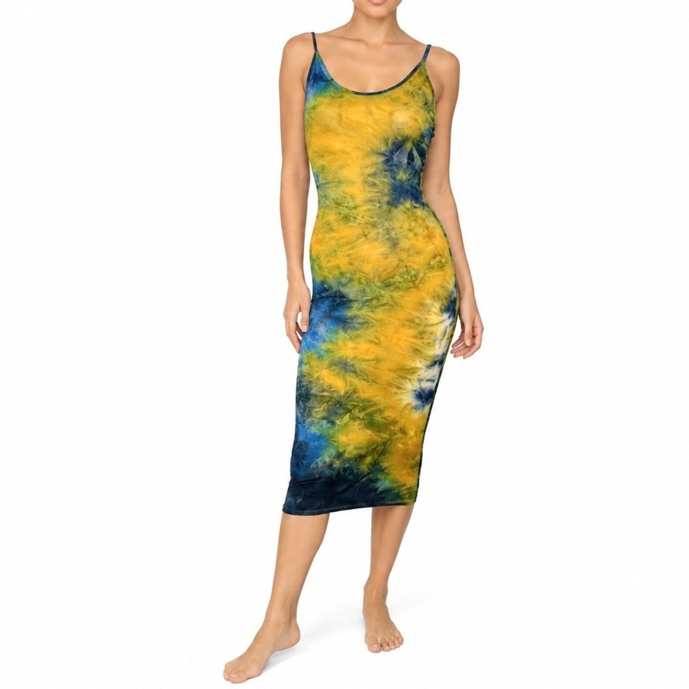 Aria Clothing Dress Womens XS Yellow Blue Tie Dye Bodycon Midi Spaghetti Strap